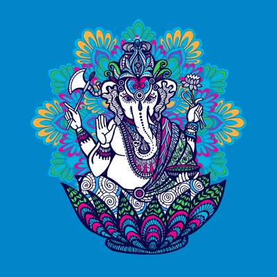 Hindu god Ganesha with ornate colored mandala on background hand drawn vector illustration