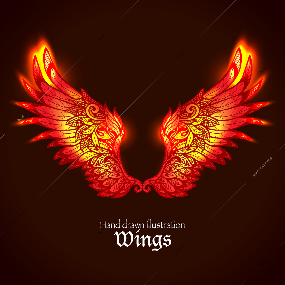 Red and yellow bright glowing ornamental wings in fire hand drawn vector illustration