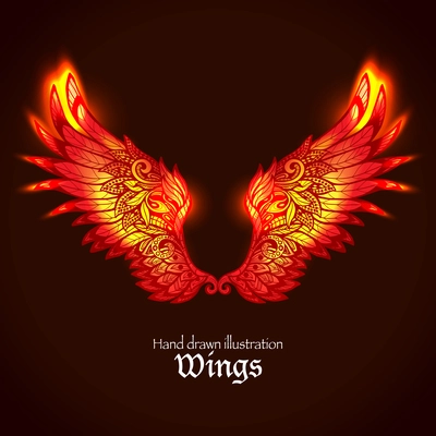 Red and yellow bright glowing ornamental wings in fire hand drawn vector illustration