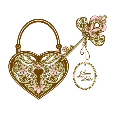 Vintage key and heart shape ornamental lock hand drawn vector illustration