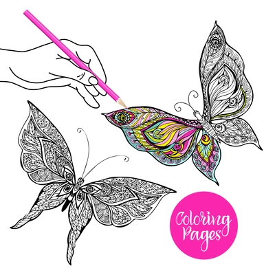 Human hand coloring decorative butterfly with colored pencil vector illustration