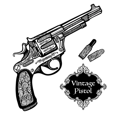 Hand drawn retro Pistols in vintage style with cartridges isolated  vector illustration