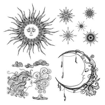 Fairytale style sun moon and wind antropomorphic symbols set isolated vector illustration