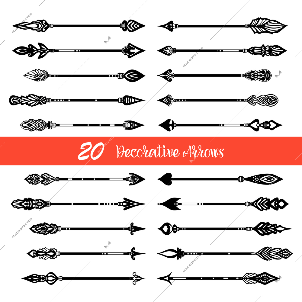 Twenty black  horizontal hand drawn arrows set in vintage style on white background  isolated  vector illustration