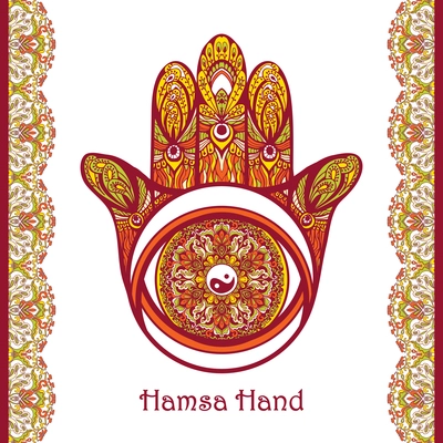 Colored arabic amulet hamsa hand with flower ornament vector illustration