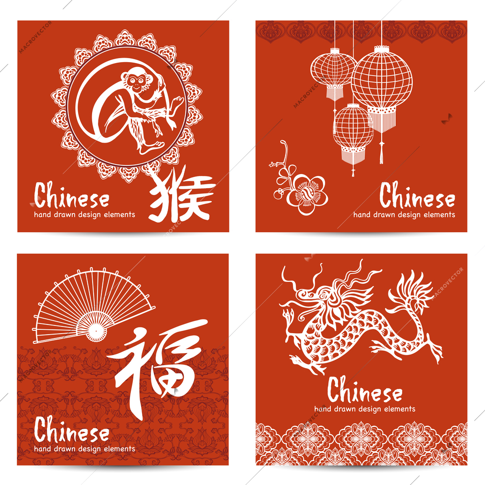 Chinese cards set with asian lantern fan and dragon isolated vector illustration