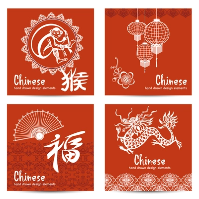 Chinese cards set with asian lantern fan and dragon isolated vector illustration