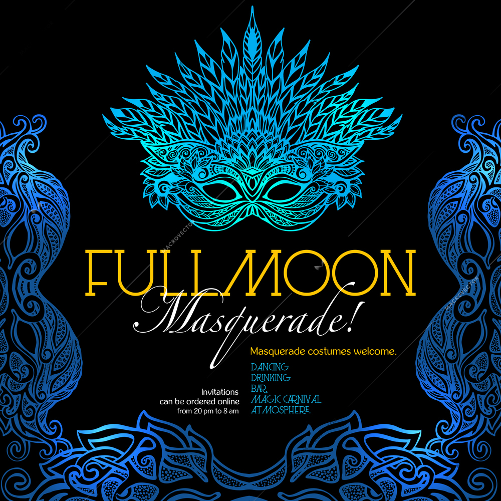 Masquerade ball party invitation poster with retro style venetian mask on dark background vector illustration