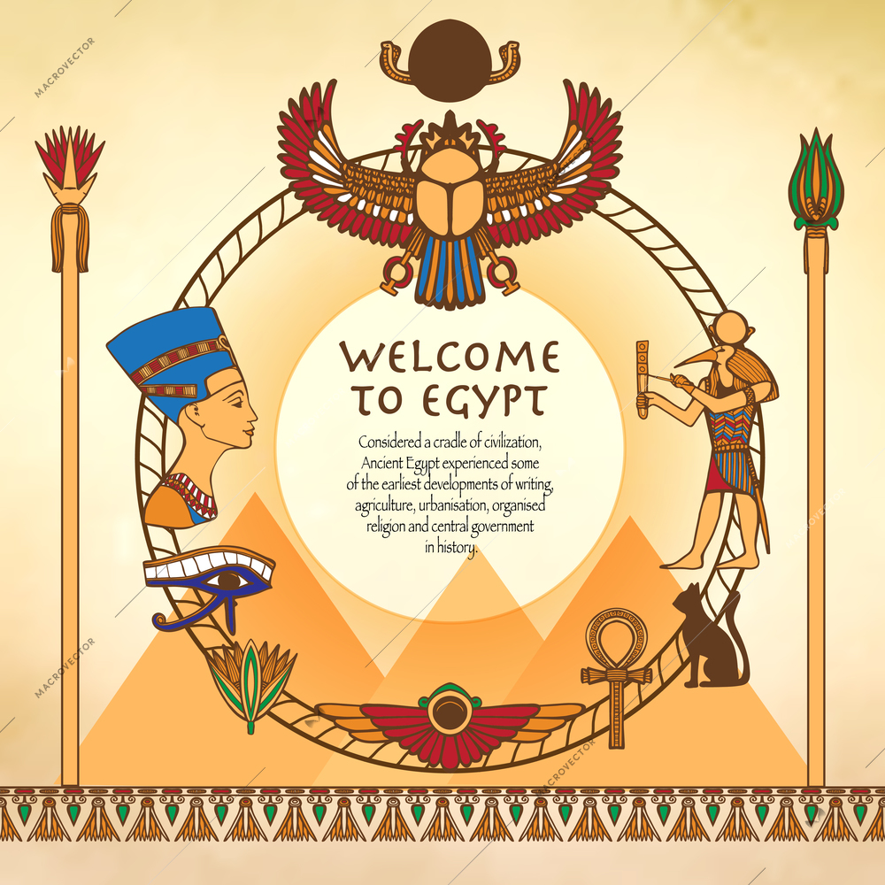 Egyptian background with frame made of egypt ancient symbols vector illustration