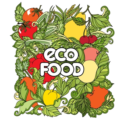 Doodle cartoon set with colorful vegetables and fruits and eco food  mark on white background vector illustration