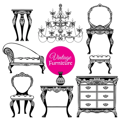 Hand drawn black vintage furniture set in  baroque style on white background  isolated  vector illustration
