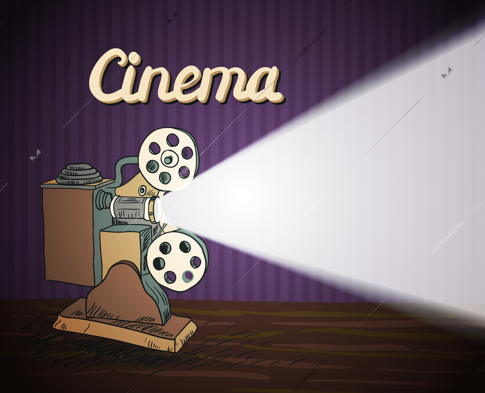 Cinema entertainment doodle concept poster with retro camera projector and beam of light vector illustration