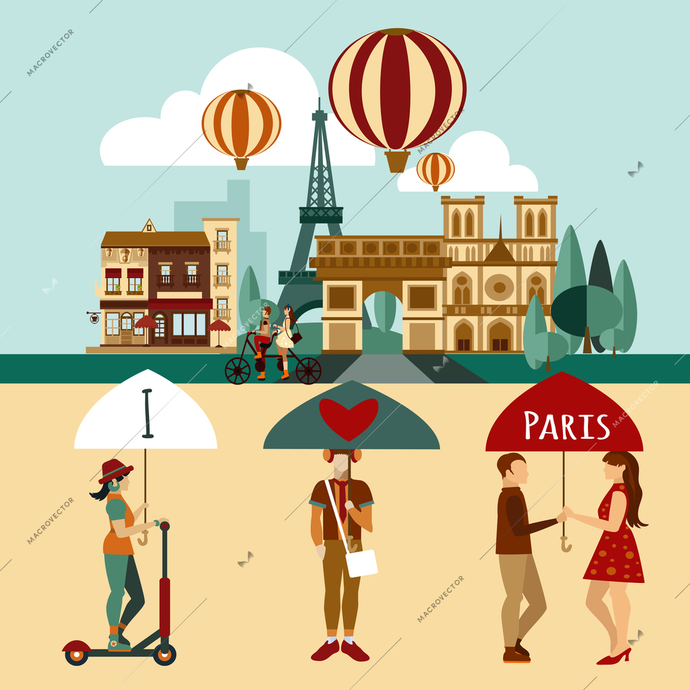 Paris touristic set with famous landmarks and tourist people vector illustration