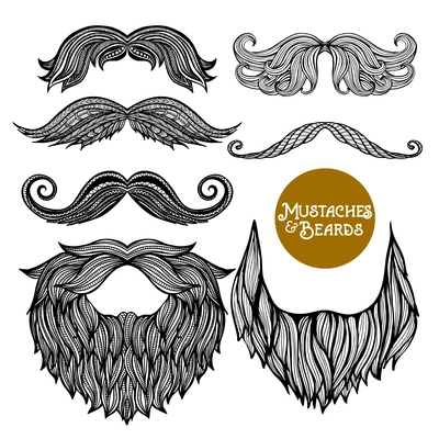 Hand drawn black decorative beard and mustache set on white background isolated vector illustration