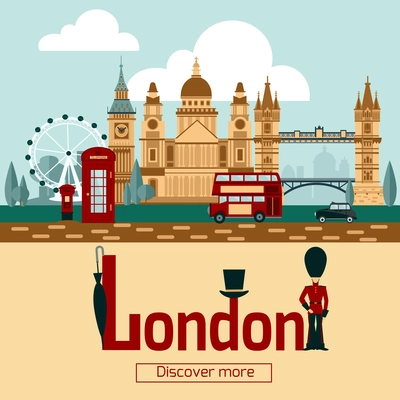 London touristic poster with famous landmarks and symbols flat vector illustration