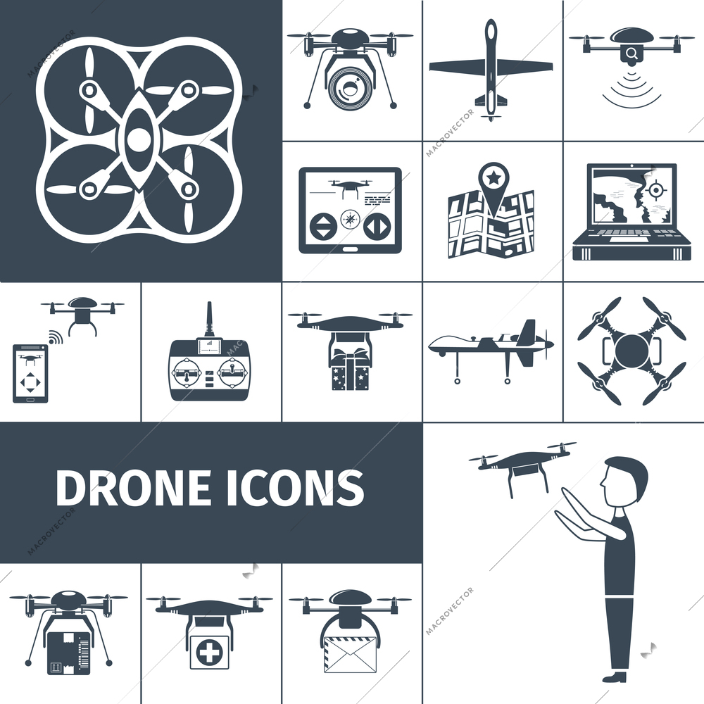 Drones and remote control mini helicopters icons black set isolated vector illustration