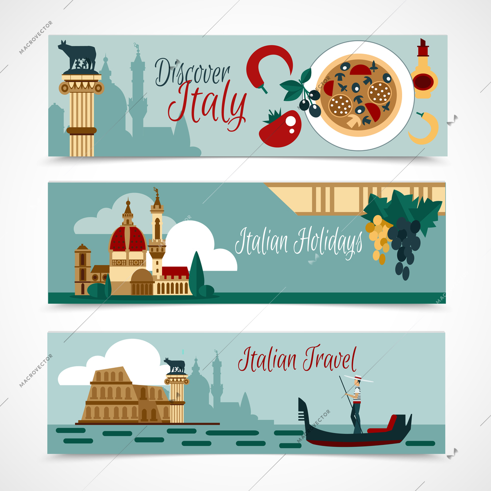 Italy horizontal banner set with touristic landmarks isolated vector illustration