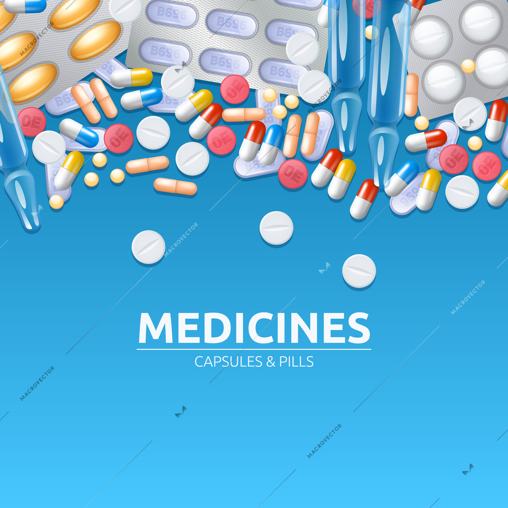 Medicines background with colored pills tablets and capsules vector illustration