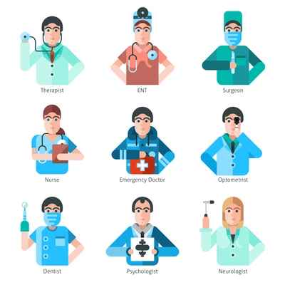 Flat icons set of doctor characters from different specializations in medicine isolated vector illustration