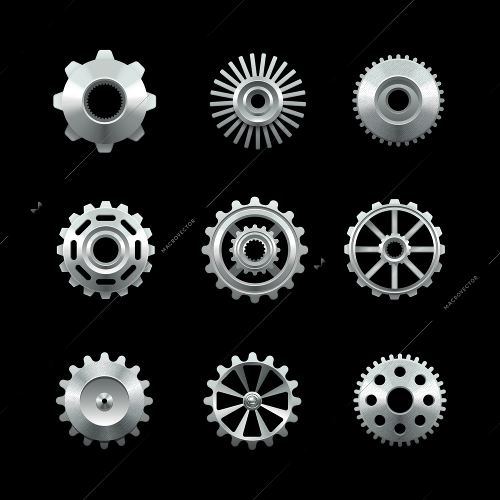 Shiny metal gears set isolated on dark background vector illustration