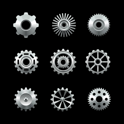 Shiny metal gears set isolated on dark background vector illustration