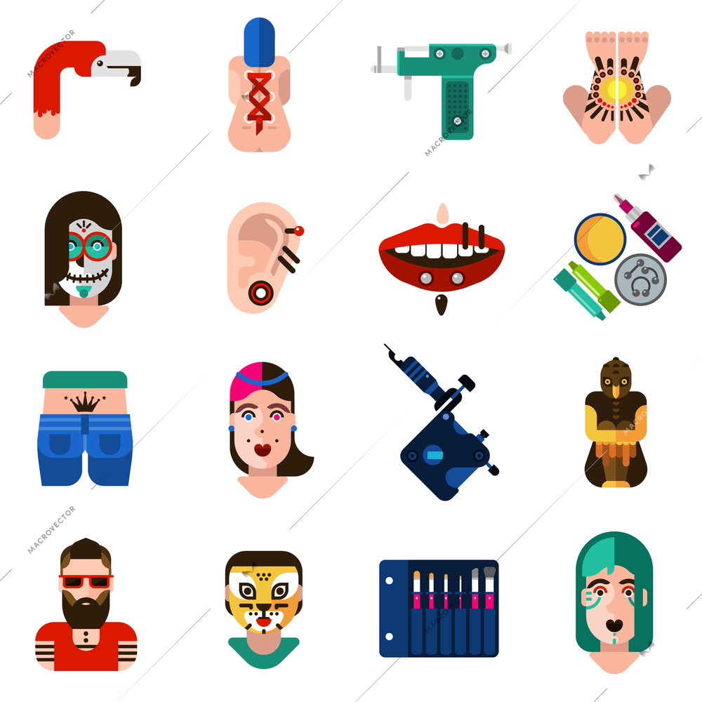 Flat style icons set with bodyart tattoo piercing and special equipments isolated vector illustration