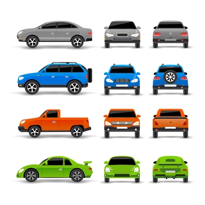 Cars side front and back icons set isolated vector illustration