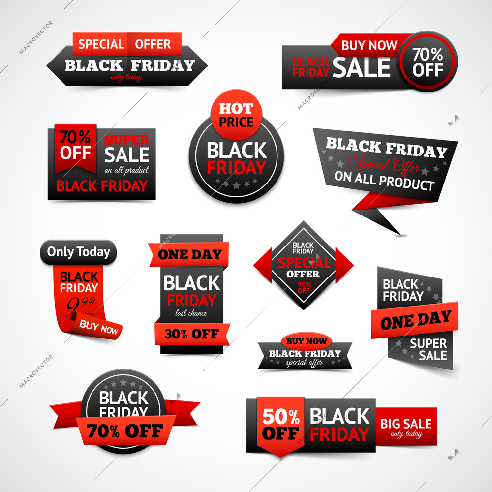 Black friday sale and discounts labels set isolated vector illustration