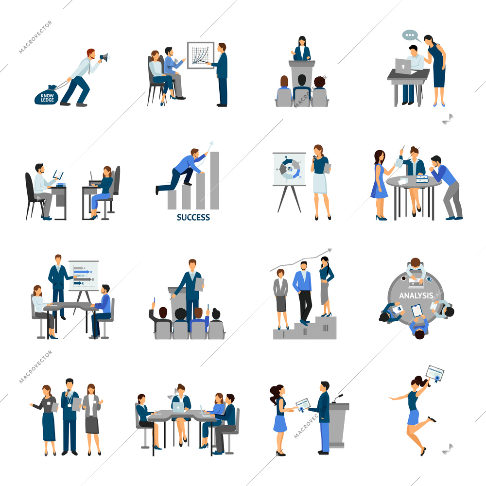 Business training and consulting service flat icons set isolated vector illustration