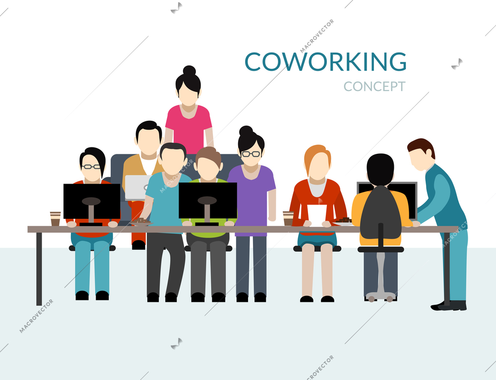 Coworking center concept with people working at the table flat vector illustration