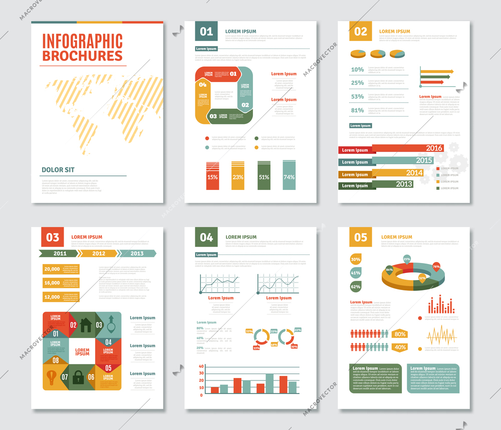 Infographic brochures set with statistics and progress symbols flat isolated vector illustration