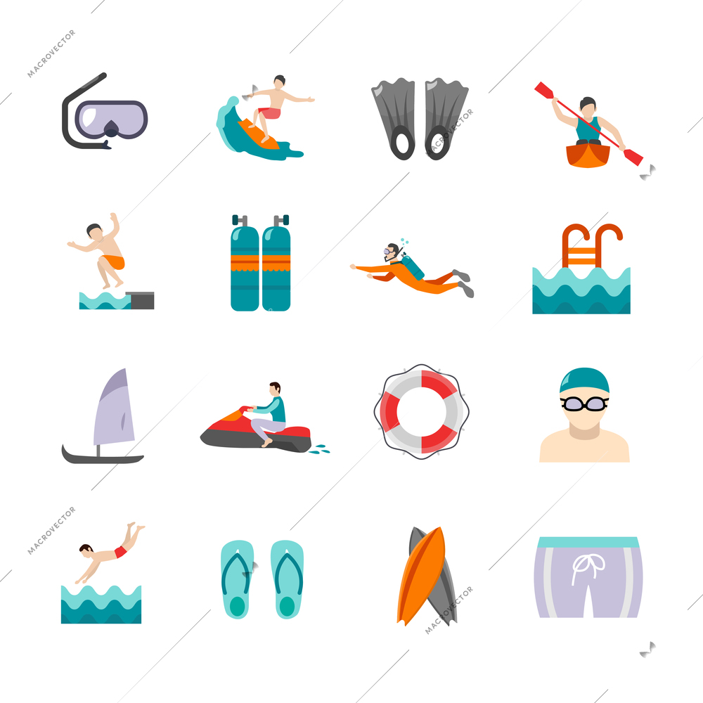 Swimming and water sports flat icons set isolated vector illustration