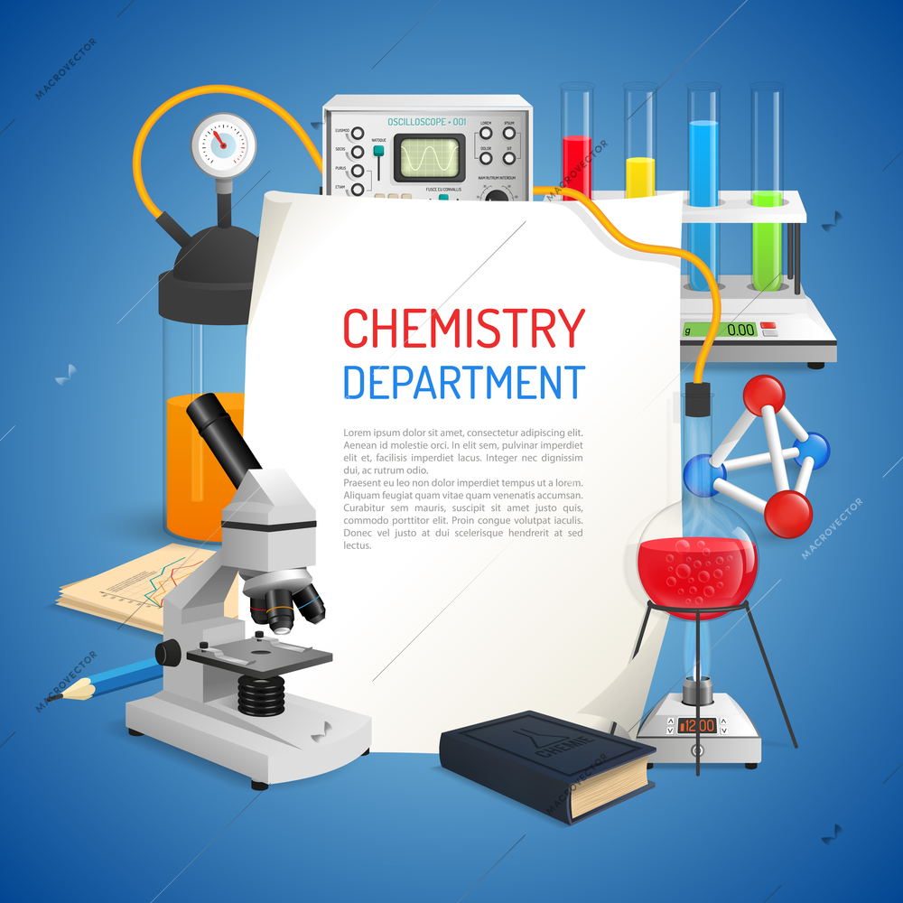 Science realistic background with chemistry lab equipment set vector illustration