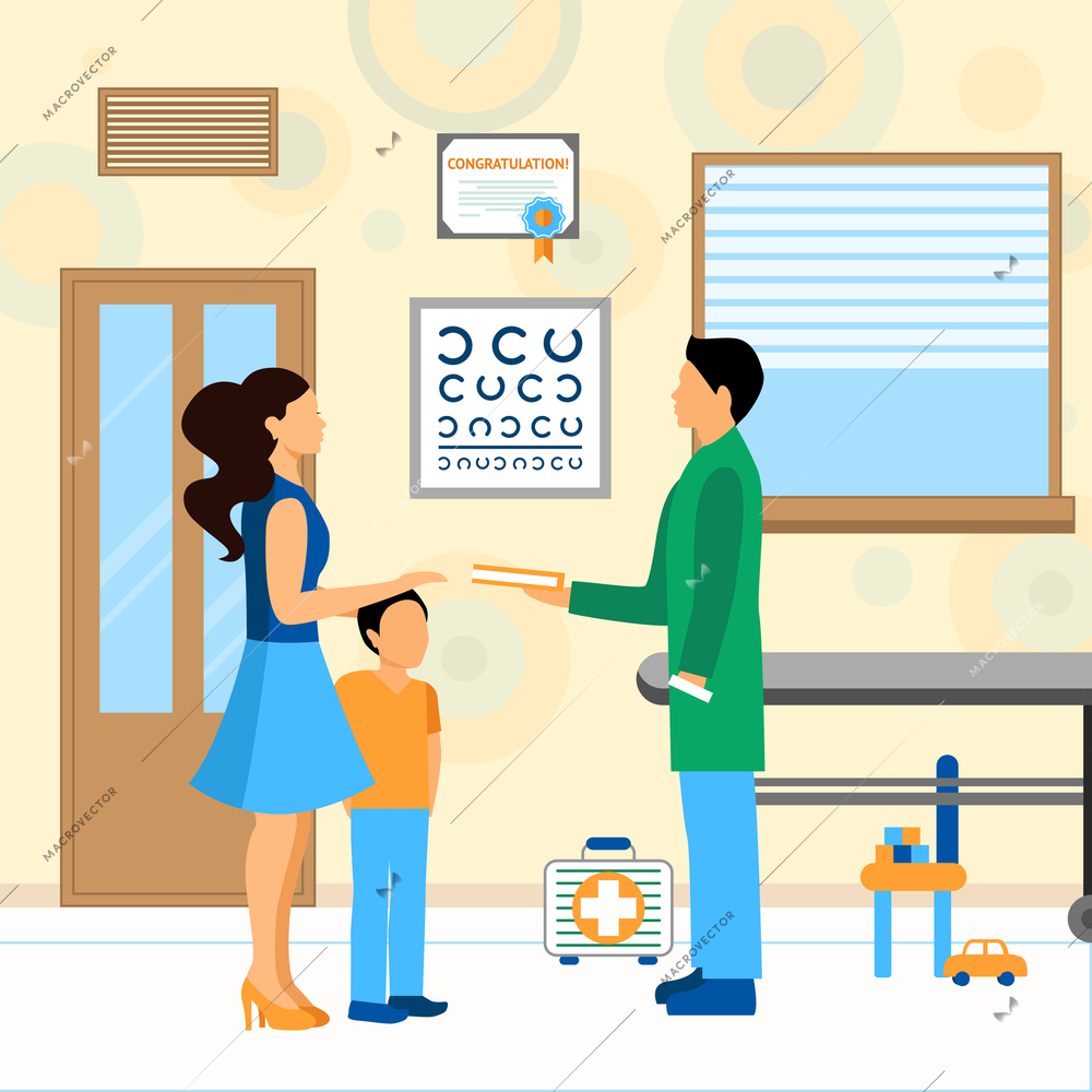 Child with mom and pediatrician doctor in hospital flat vector illustration