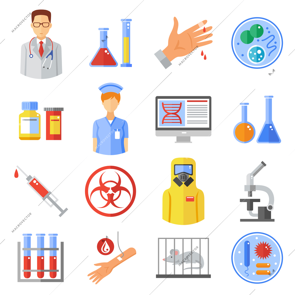 Microbiology icons set with research experiments and bio weapon symbols flat isolated vector illustration