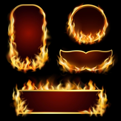 Burning fire realistic frames set on black background isolated vector illustration