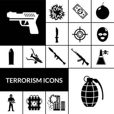 Terrorism and international crime danger icons black set isolated vector illustration