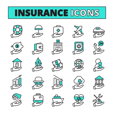 Insurance line icons set with property transport and life safety symbols flat isolated vector illustration