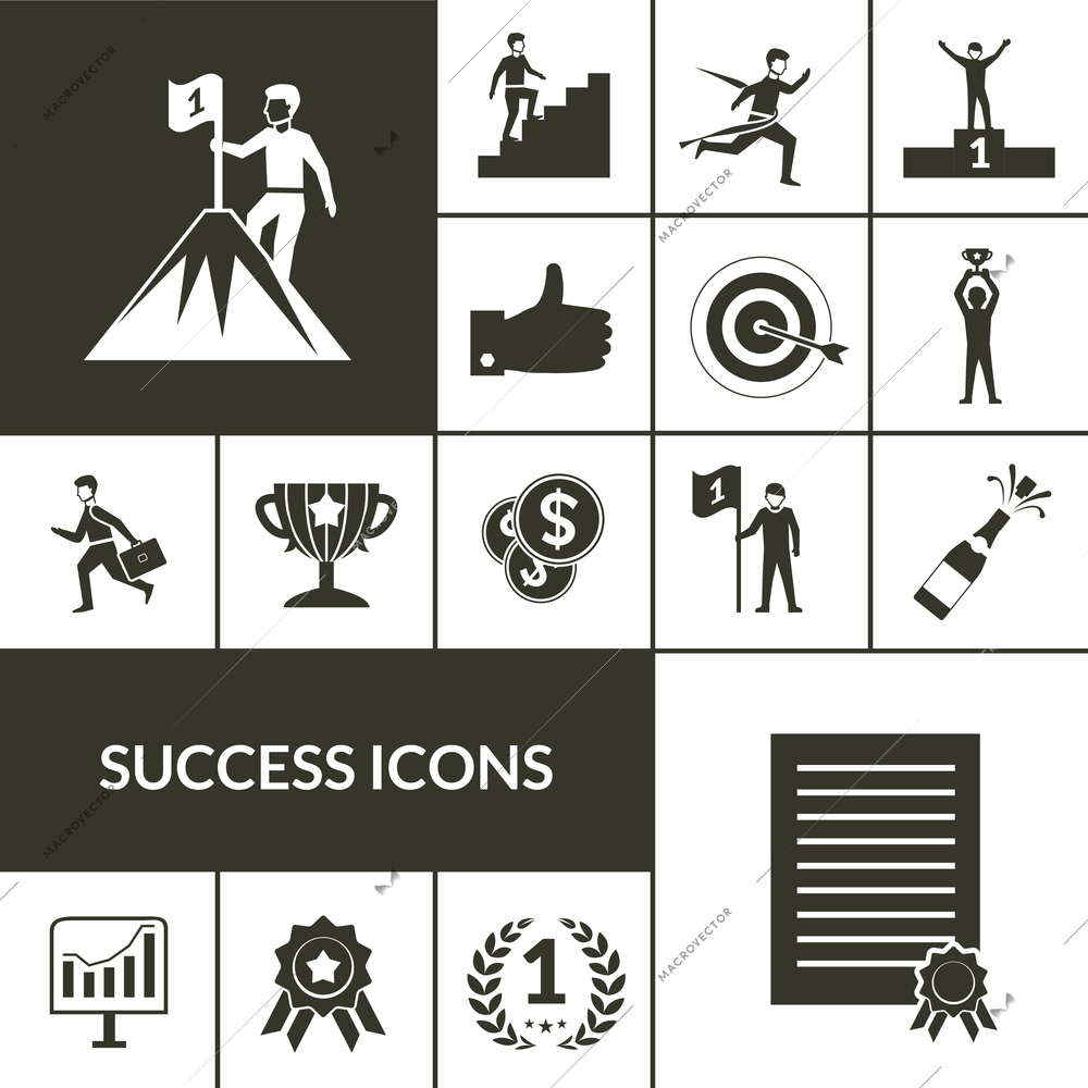 Success icons black set with sport and business leadership isolated vector illustration