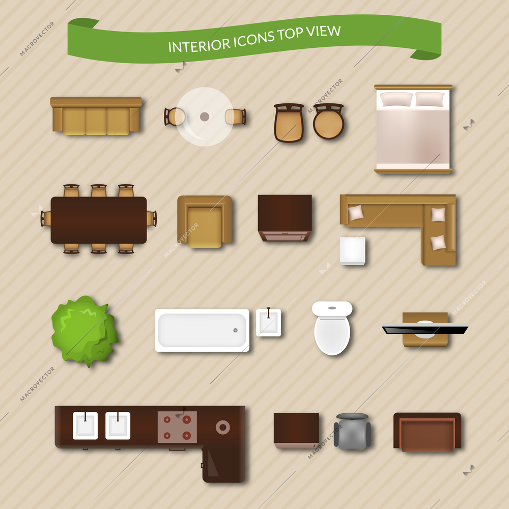 Interior icons top view with sofa armchair couch isolated vector illustration