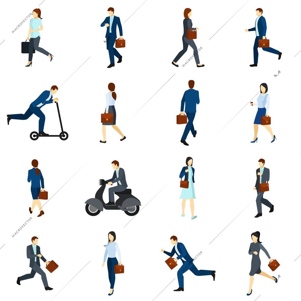 Flat color  icons set with businesspeople going to work by foot  scooter and  motorcycle isolated vector illustration