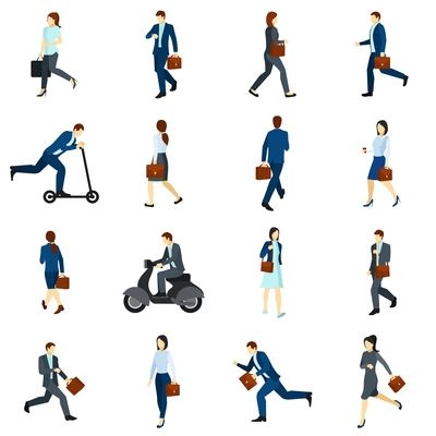 Flat color  icons set with businesspeople going to work by foot  scooter and  motorcycle isolated vector illustration