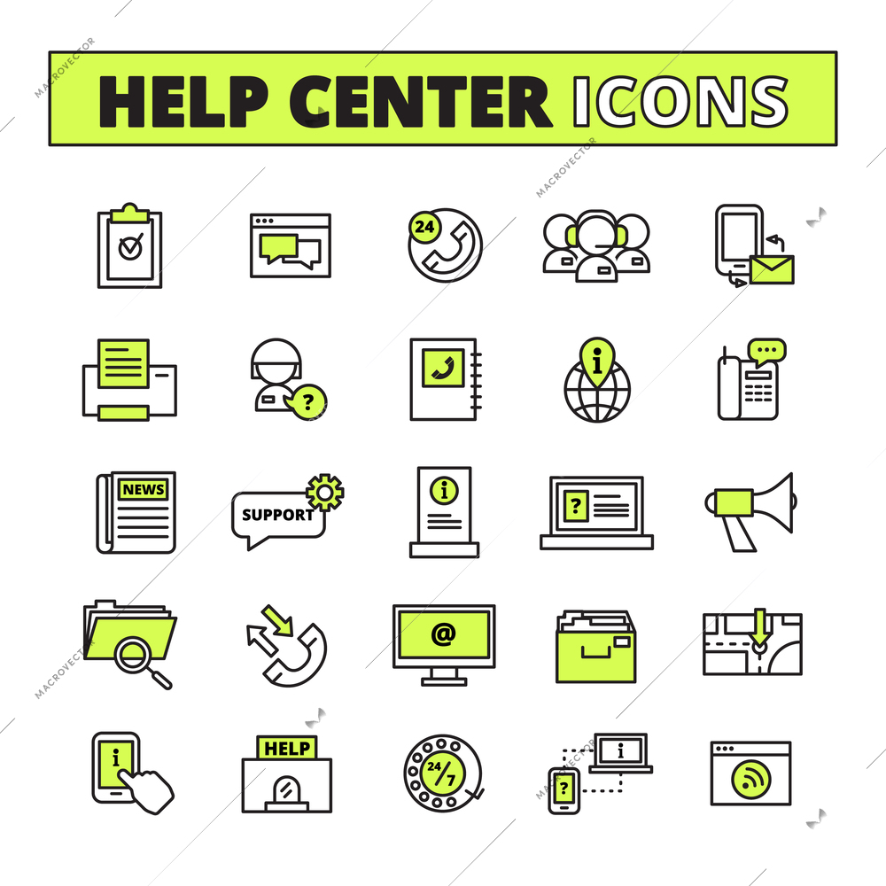 Help call center line icons set with support and information symbols flat isolated vector illustration