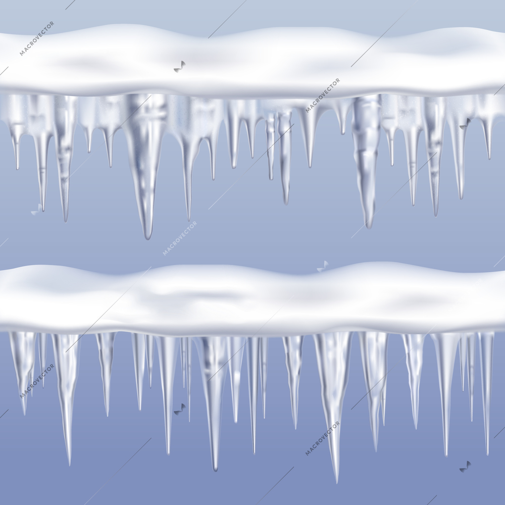 Icicles tileable borders set on blue background realistic isolated vector illustration