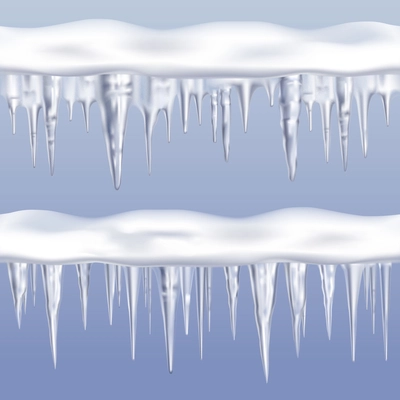 Icicles tileable borders set on blue background realistic isolated vector illustration