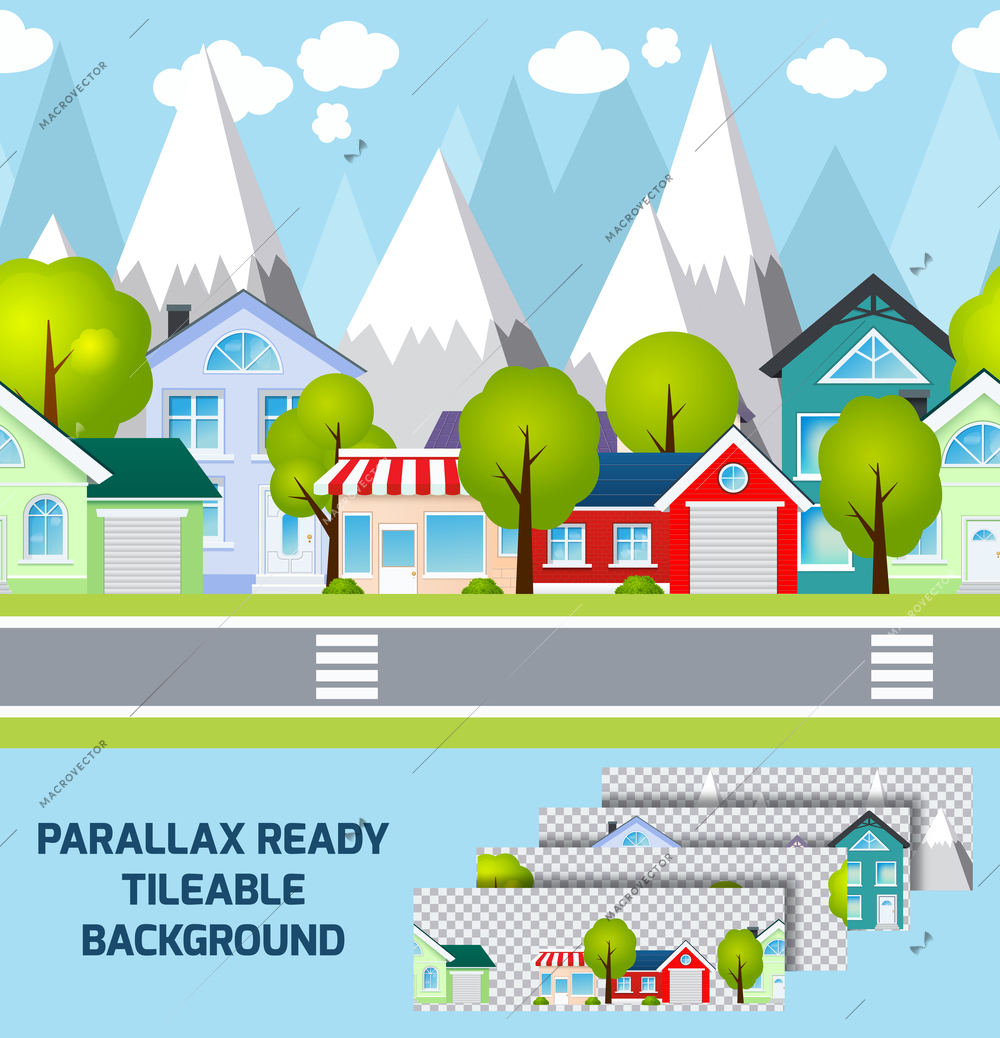 Daylight provincial town street view with parallax ready mountains peaks  landscape on background tileable abstract vector illustration. Editable EPS and Render in JPG format