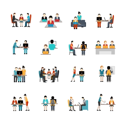 Coworking space flat icons set with freelancer working place isolated vector illustration