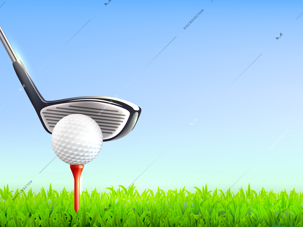 Golf realistic background with ball club blue sky and green grass vector illustration