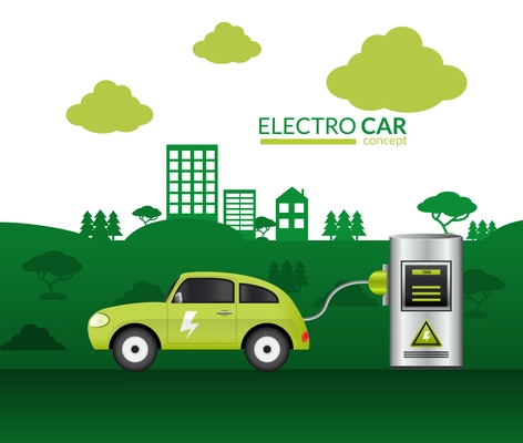 Electric car print with green auto plugged into battery vector illustration