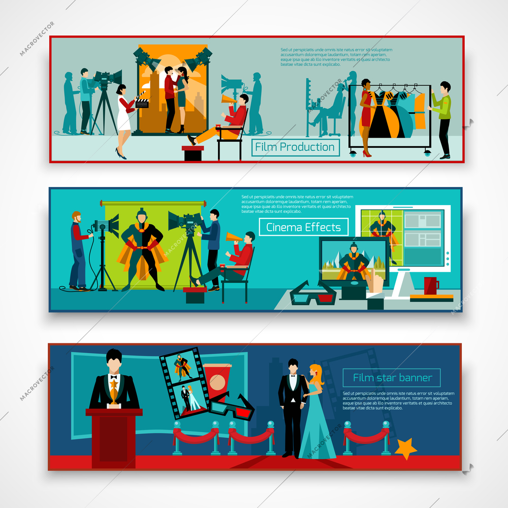 Cinema people horizontal banner set with film production elements isolated vector illustration